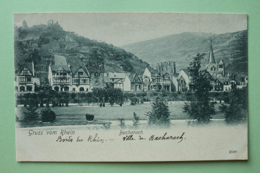 Ansichtskarte AK Bacharach 1900 Gruß vom Rhein Häuser Fachwerk Hotels Restaurants Kirche Architektur Ortsansicht Rheinland Pfalz